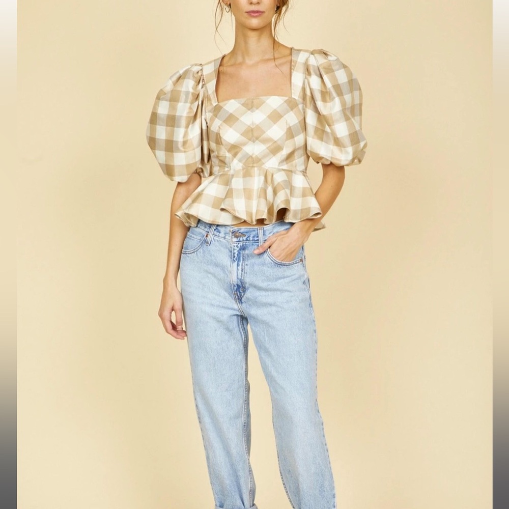Hunter Bell Plaid Puff Sleeve Top in Beige and White
